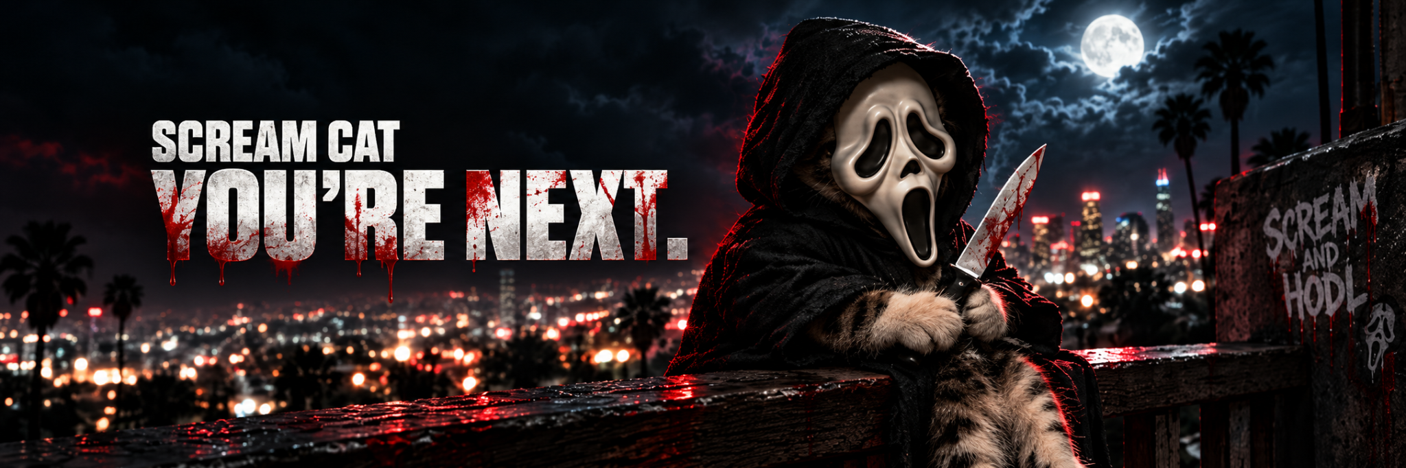 Scream Cat in a black hood and white screaming mask, holding a bloody knife above a city at night. Banner text reads: Scream Cat, You're next. Graffiti reads: Scream and HODL.